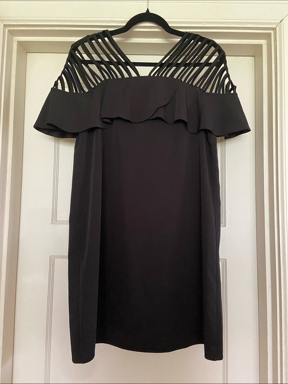 Gracia Black One-Shoulder Ruffle Dress with Strappy Yoke
